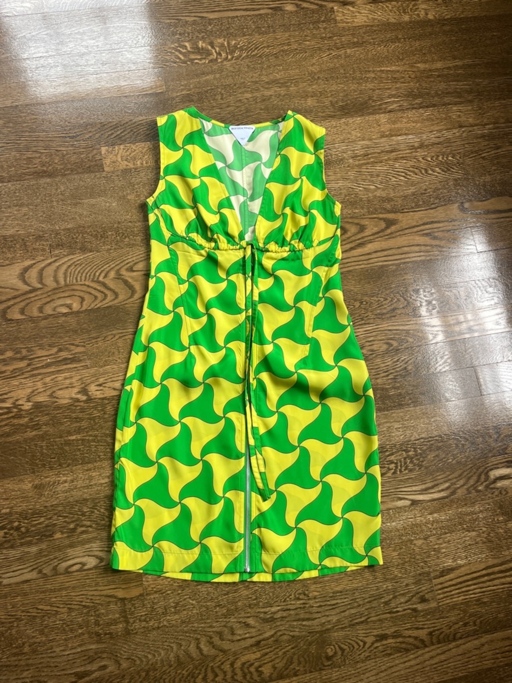 Bottega Veneta Green & Yellow Patterned V-Neck Mini Dress